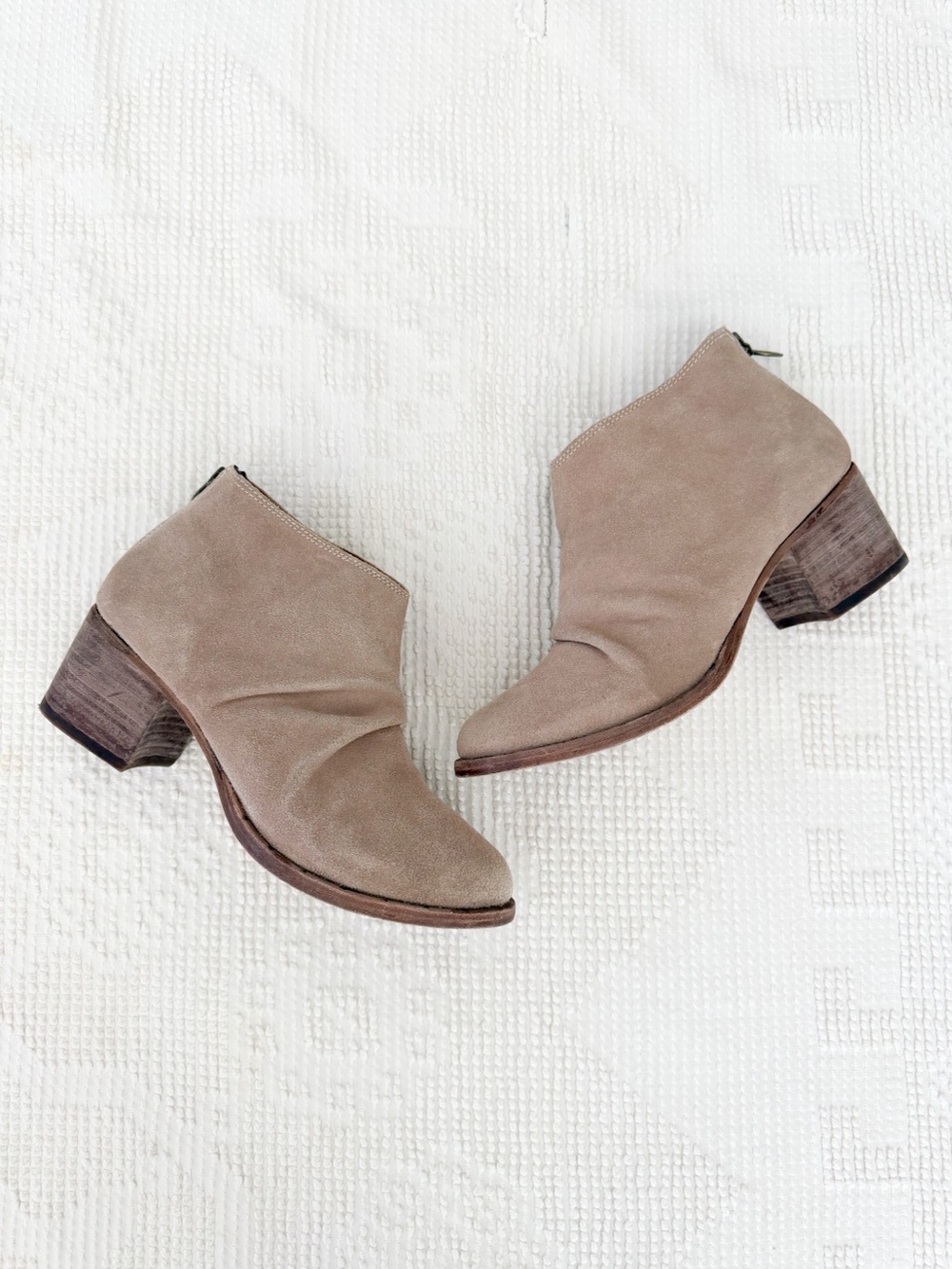 BEEK Eaglet Suede Booties Stone Ruched Ankle Boots
